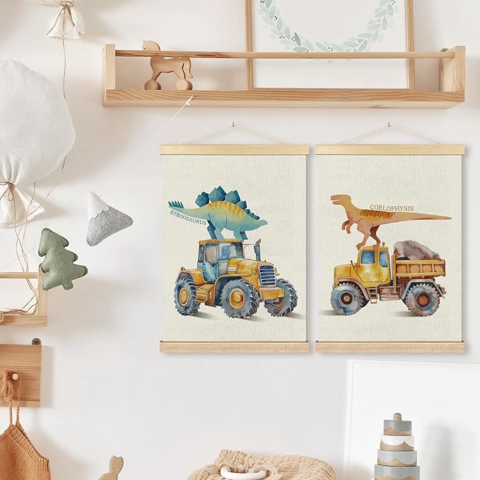 BCUANGD Dinosaur and Construction Truck Wall Decor - Dino Poster Hanger with Wood Frames Set of 2, Kids Car Vehicles Wall Hanging Canvas Decor for Kids Room Nursery Playroom, 12x16 Inches 482