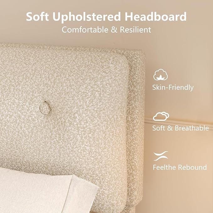 Queen Bed Frame with Headboard, Cloud Boucle Upholstered Bed Frame, Modern Soft Style, Adjustable Headboard, No Box Spring Needed, Easy Assembly, Beige