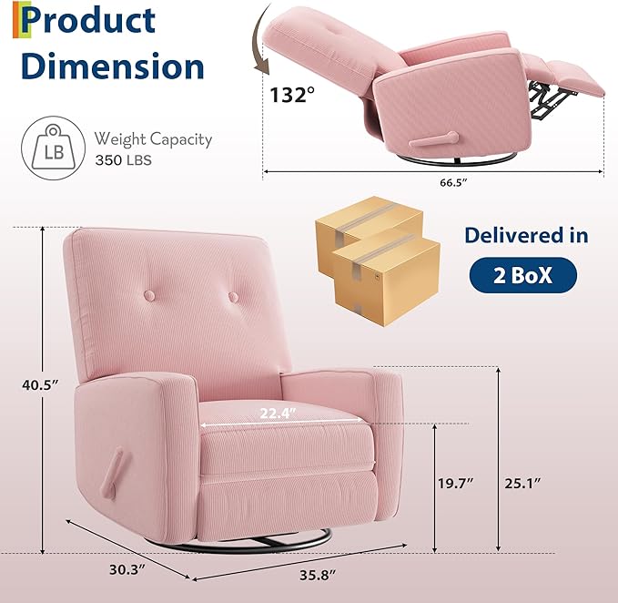 GarveeHome Recliner Chairs, Swivel Rocker Recliner, Glider Recliner Nursery Chair for Adults, 360° Swivel Glider Rocking Chair for Living Room, Bedroom, Office, RV, Small Spaces, Corduroy, Pink