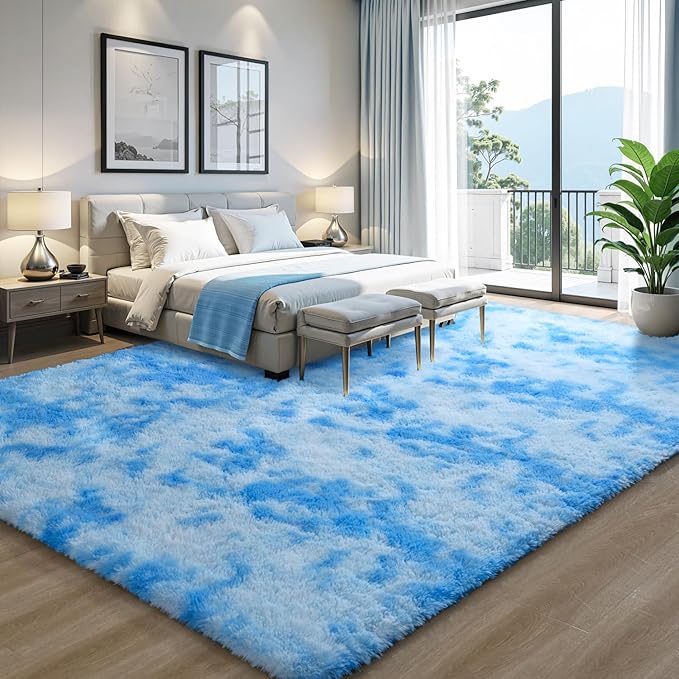 EVOIONOS Area Rug for Living Room Bedroom, Washable 6x9 Fluffy Shag Large Rug, Soft Plush Non Slip Carpet for Indoor Floor Bedside Nursery Kids Girls Room Dorm, Home Decor Aesthetic, Tie-Dyed Blue