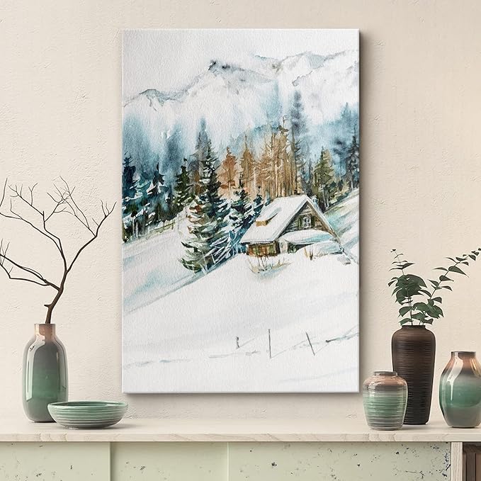 SIGNWIN Canvas Print Wall Art Woodland Nursery Decor Log Cabin Winter Snow Mountain Forest Nature Illustrations Modern Art Decorative Landscape Colorful for Living Room, Bedroom, Office - 24"x36"