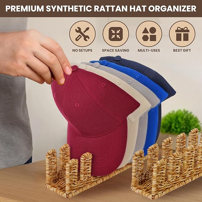 Synthetic Rattan Hat Organizer for Baseball Caps – Holds 14 Snapbacks, Trucker & Flat Brim Hats – Stylish Freestanding Display & Storage Rack for Closet, Bedroom, Entryway (2-Pack, Natural)