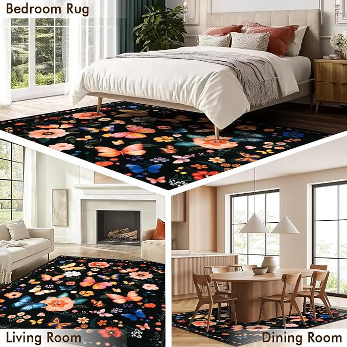8x10 Machine Washable Area Rug, Non-Slip Large Vintage Floral Floor Rugs for Kids, Low Pile Room Carpet for Living Room, Bedroom, Dining Room & Nursery(8x10 Black Floral)