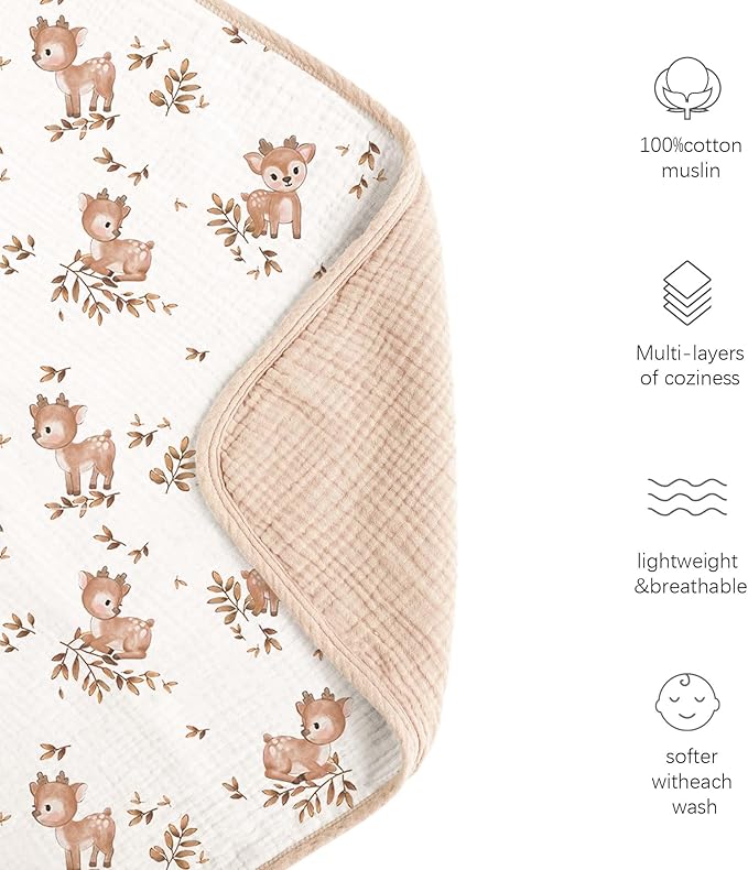Konssy Muslin Baby Blankets for Girls Boys, 100% Cotton Crib Blanket for Baby Infant Toddler, Super Soft and Lightweight Nursery Blankets 40"x36" (Deer)