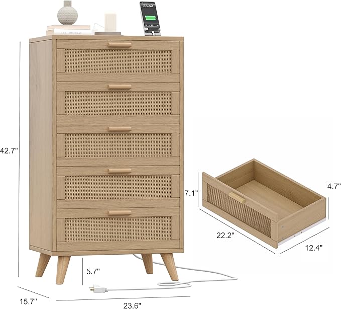 Rovaurx 5 Drawer Dresser for Bedroom, Rattan Chest of Dressers with Charging Station, Modern Dresser Chest with Wooden Handles, Beside Table for Closet, Living Room and Entryway, Natural RDG005M