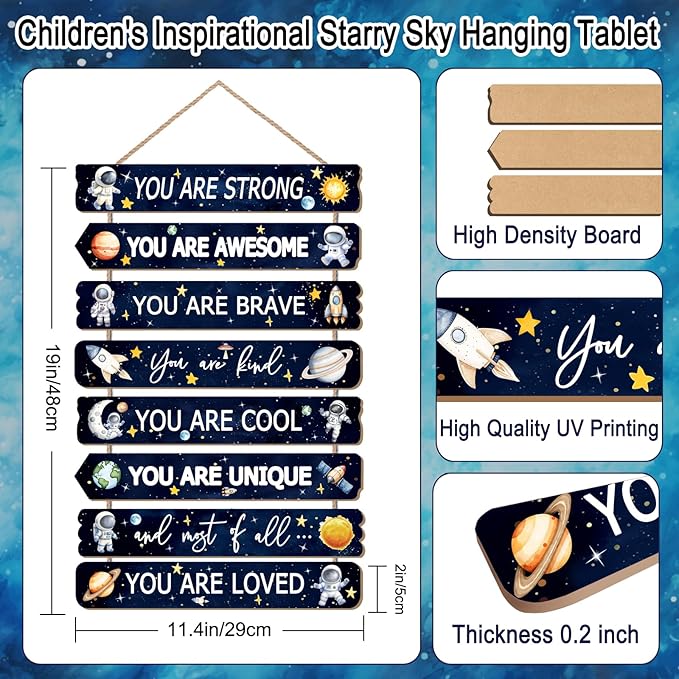 Cool Classic Space Astronaut Sign Nursery Wall Decor Set of 8, 16x5 Modern Motivational Cute Rocket Planets Plaque Wall Art for Baby Boy Kid Teen Toddlers, 4 PCS Wooden Gallery Quote Gift for Gameroom