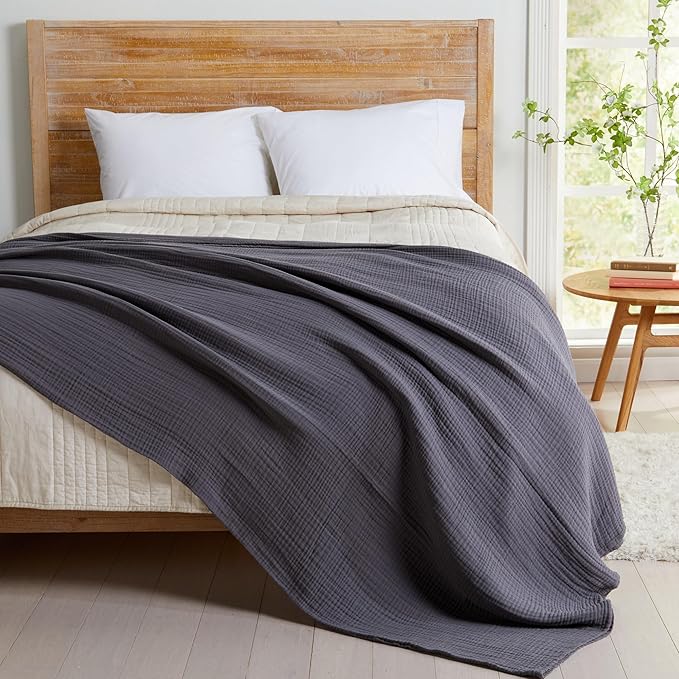 100% Cotton Muslin Full Queen Size Blanket | Soft, Breathable, and Lightweight Bed Blanket for All-Season | Perfect for Layering | Maria Collection (Full/Queen, Charcoal)