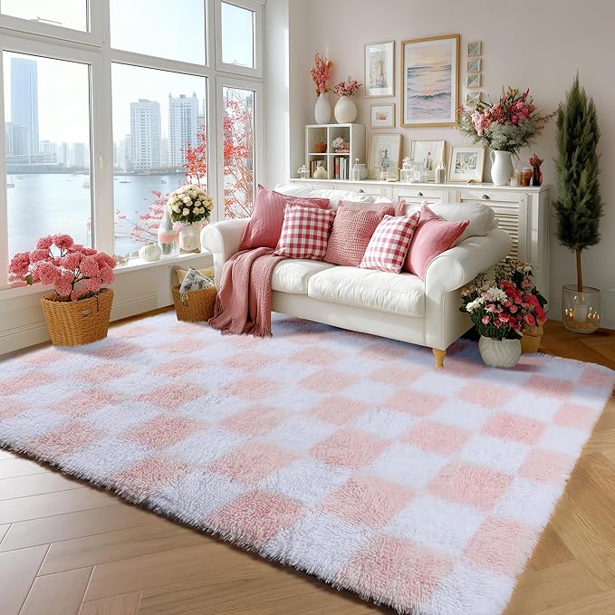 KICMOR 5x7 Area Rugs for Living Room, Fluffy Soft Light Pink and White Checkered Rug Fuzzy Shag Shaggy Carpet for Bedroom, Cute Furry Plush Rug for Teen Kids Girls Dorm Nursery Playroom Home Decor