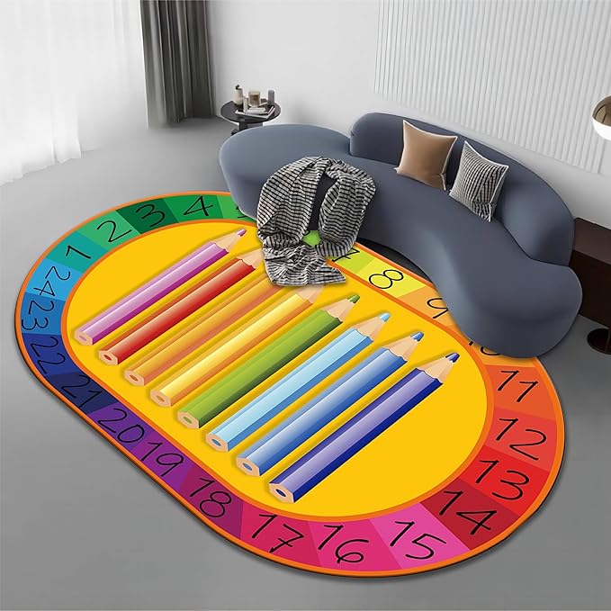 Colorful Kids Oval Rug, 4x6ft, Early Learning Education Play Mat for Learning Numbers, Soft Non-Slip Pens Design Rugs for Boys Girls Room Playroom Classroom Nursery Room