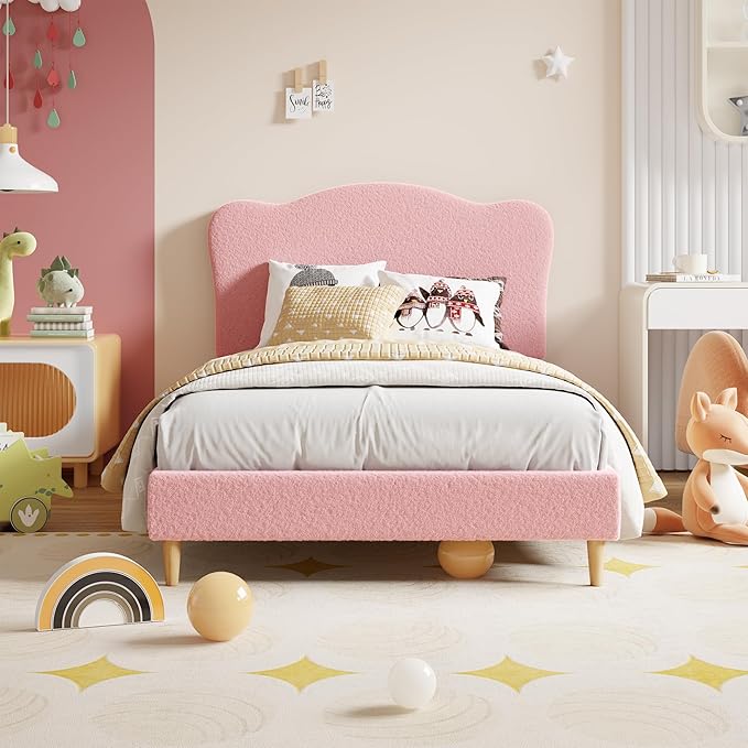 GarveeHome Upholstered Twin XL Size Bed Frame for Kids with Scallop Headboard, Cute Velvet Twin XL Bed for Girls, Boys, Sturdy Platform Bed, No Box Spring Needed, Wooden Slats, Noise Free, Pink