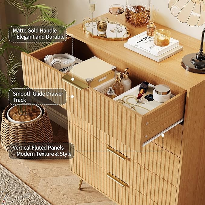 Garvee Fluted Dresser for Bedroom with 5 Drawers,32" Wide Modern Chest of Wooden Bedroom Chest with Metal Handle,Clothes Storage Organizer,Closet Dresser & TV Stand for Living Room,Hallway,Natural Oak