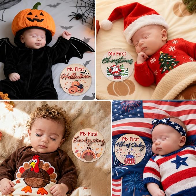 My First Holiday Baby Milestone Cards Wooden Circles New Baby Sign My First Halloween/Christmas/Birthday Decorative Keepsake Signs with Storage Bag