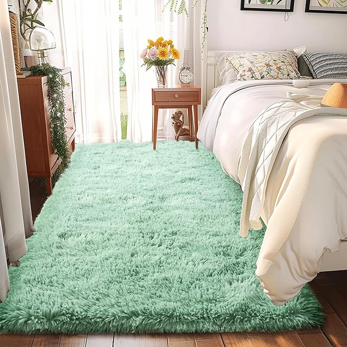 Sage Rug - 2x6' Runner Non-Slip Height Pile 1.4" Plush Rug Rubber Back - Throw Carpets for Bedroom - Sage Green
