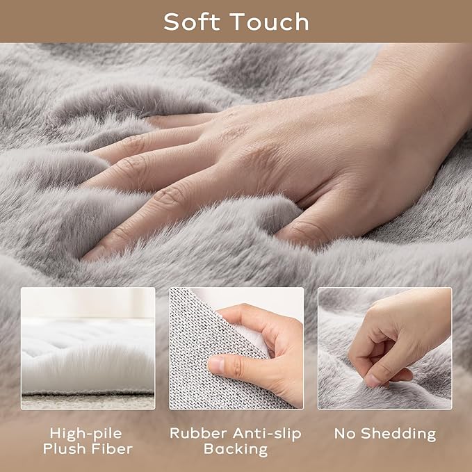 Ashler Home Deco Faux Fur Area Rug, Light Grey, 3x5 FT, Shaggy, Rectangular, Machine Washable, Non Slip
