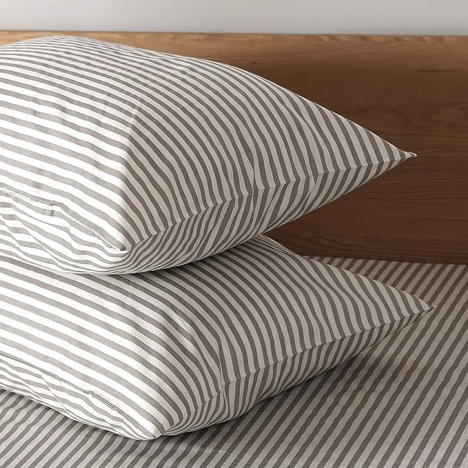 JELLYMONI 100% Natural Cotton 2pcs Striped Duvet Cover Sets,White with Grey Stripes Pattern Printed Comforter with Zipper Closure & Corner Ties(Twin Size)