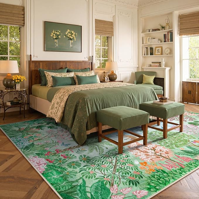 Lahome Spring Jungle Carpet, 9x12 Green Area Rug for Bedroom Large Living Room Area Rug, Soft Botanical Carpet for Kids Room, Washable Non Slip Non Shedding Indoor Mat for Dining Room Playroom