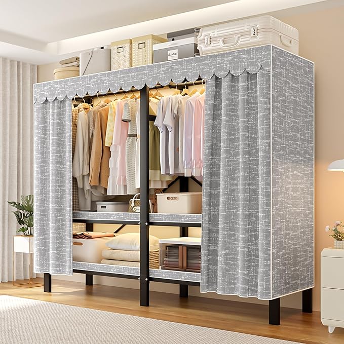 FPIGSHS Heavy Duty Clothes Rack with Cover Foldable Covered Clothes Rack for Hanging Clothes portable Wardrobe Closet System Freestanding Coat Storage Garment Racks for bedroom (grey, 66.1in)