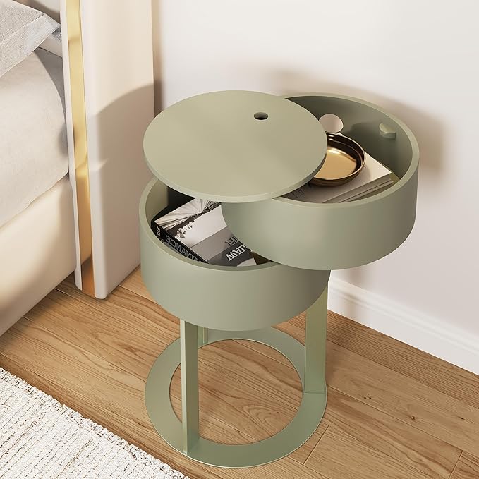Round Side Table with Hidden Storage Drawers, Modern Nightstand with Swivel Drawer, Minimalist Bedside Table for Bedroom, Living Room, Green