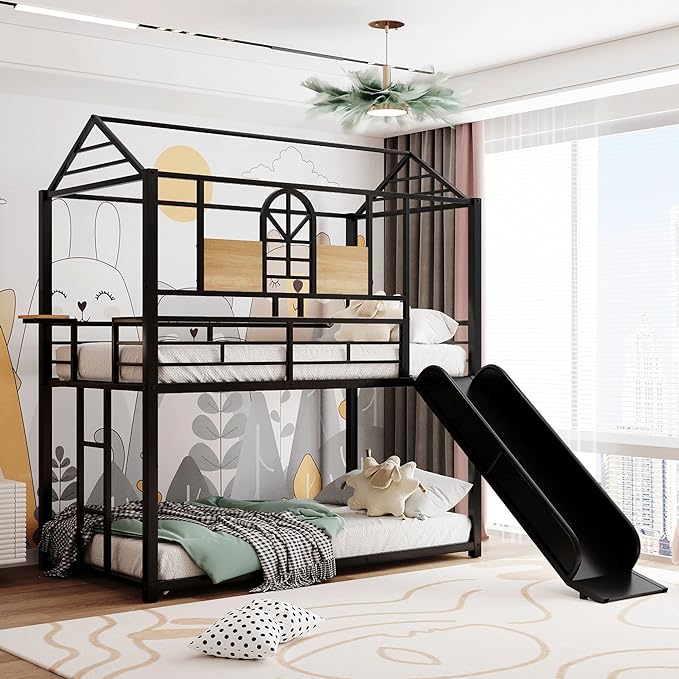 MERITLINE Metal Bunk Bed Twin Over Twin Bunk Bed Frame with Slide,Twin Over House Bed with Guardrails