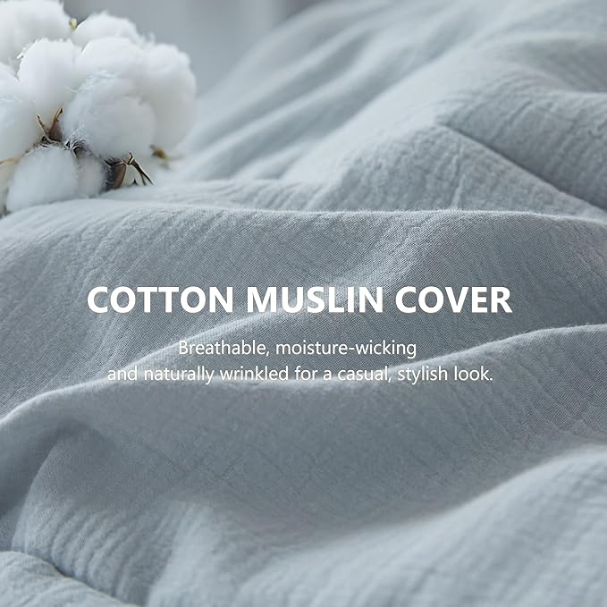 Simple&Opulence 100% Cotton Muslin Comforter Set Twin Size, 2PCS Washed Cotton Gauze Comforter, Soft Lightweight All Seasons Bedding Sets with 1 Pillow Sham(Light Blue,Twin)