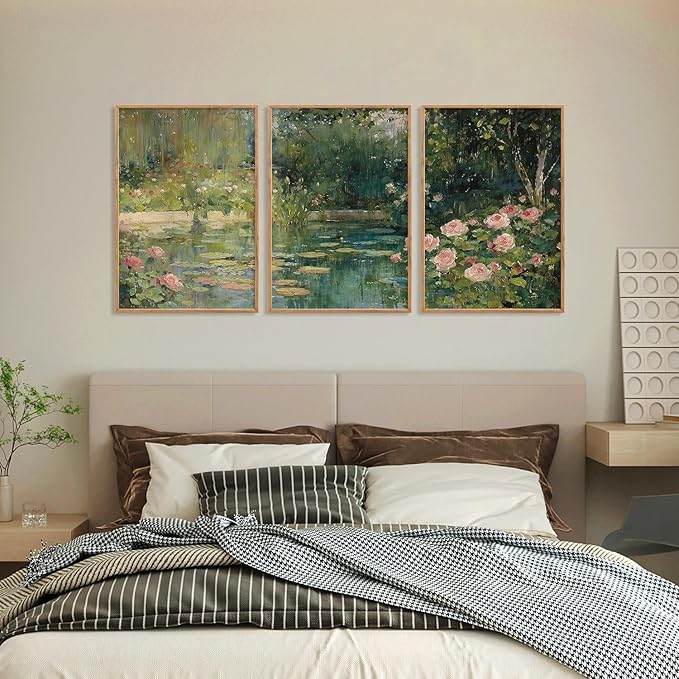 FWIEXA Monet Floral Framed Canvas Wall Art Set, Impressionist Botanical Garden Wall Decor, Vintage Ponds Tree Plant Artwork, Nature Landscape Prints for Living Room, Bedroom - Size 24"x36"x3