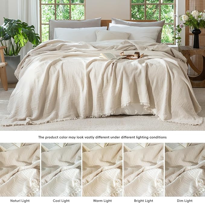 MooMee Muslin Blanket - 100% Cotton 4-Layer Gauze Throw Blanket with All-Around Fringe, Ultra-Soft Breathable Lightweight Cooling Decorative for Bed, Sofa & Couch (Beige,Throw XL 50" x 70")