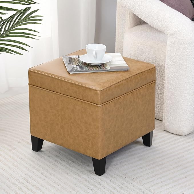 Adeco 17" Storage Ottoman Foot Rest Stool, Light Yellow Leather Ottoman with Black Solid Wood Legs and Hinged Lid, Small Foot Stool for Living Room, Bedroom