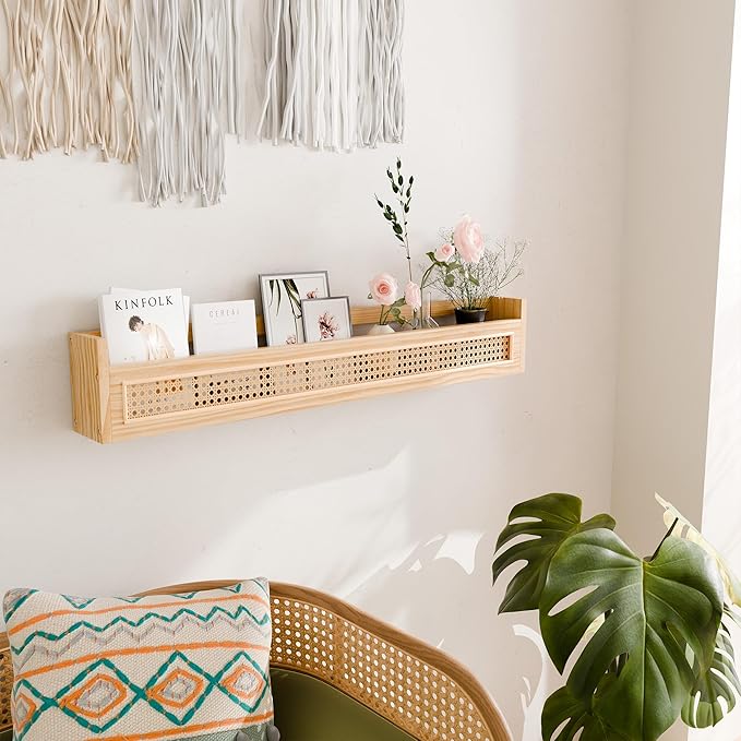 Wood and Rattan Wall Shelf - 36'' Nursery Floating Shelves for Storage, U-Shape Natural Pine Wood Wicker Shelf | Boho Decorative Shelves for Neutral Nursery Decor, Living Room, Bedroom