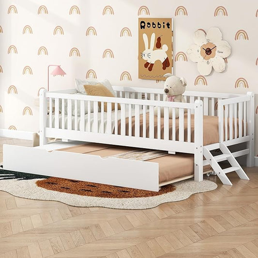 Twin Size Platform Bed with Guardrail and Trundle, Wood Kids Platform Bed Frame with Two-Step Ladder for Boys Girls, Sturdy Slats Support (White-1.26T)