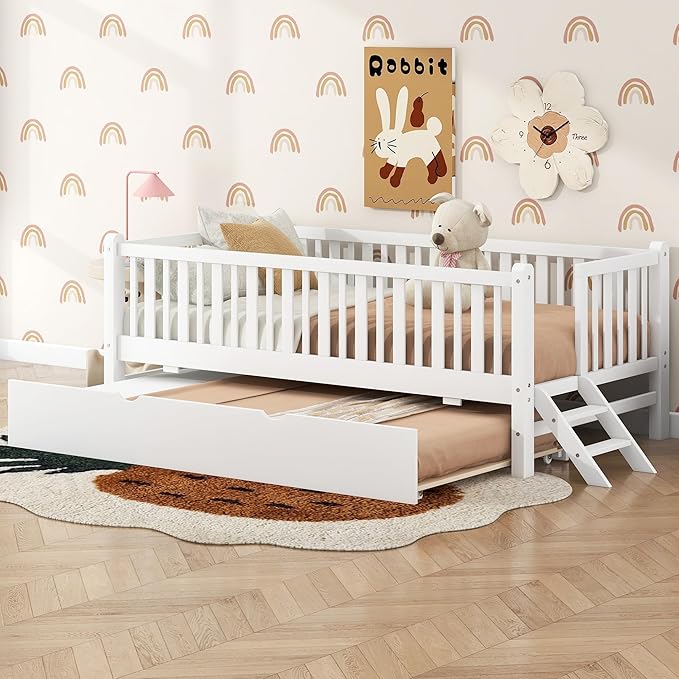 Wood Twin Size Platform Bed with Guardrail and Trundle, Kids Bed with Ladder for Bedroom, Kids Montessori Style Bed Frame for Girls Boys (White-Trundle)
