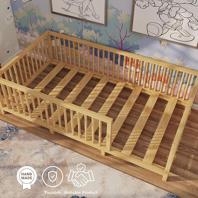 Montessori Floor Bed with Slats for Toddler 54.3'' x 75.2'' Full Size | Pine Wood Natural Solid Frame Bed | Sturdy Design Floor Bed Frame for Boy and Girls (Full, Height : 19 Inches)