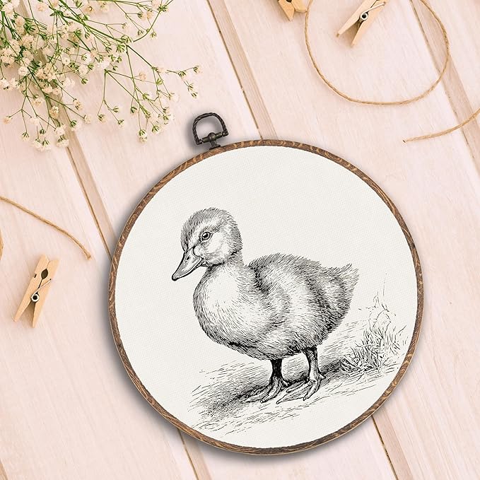 Vintage Duck Round Wall Art Framed, Cottagecore Duck Round Wall Decor, Retro Animal Farmhouse Hanging Canvas Prints Wall Sculptures for Home Living Room Nursery Decor, 10x10 Inch