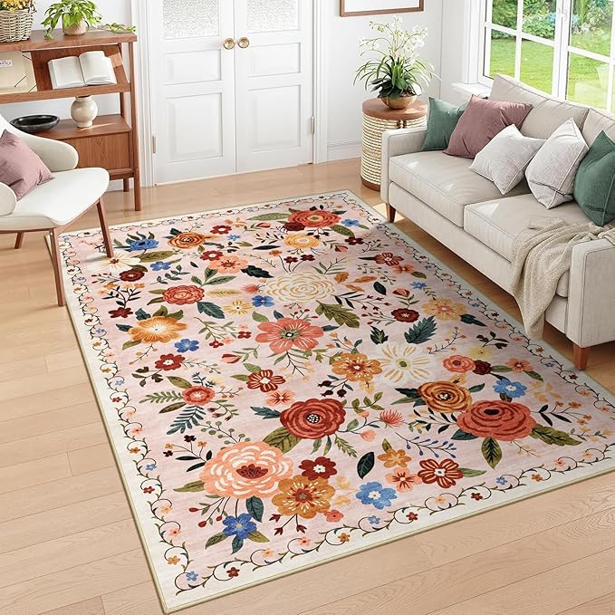 6x9 Washable Area Rug for Living Room, Floral Non-Slip Non-Shedding & Easy Care, Soft Low Pile Vintage Indoor Floor Carpet for Living Room, Bedroom, Farmhouse, Dining Room, Kids Playroom, Beige