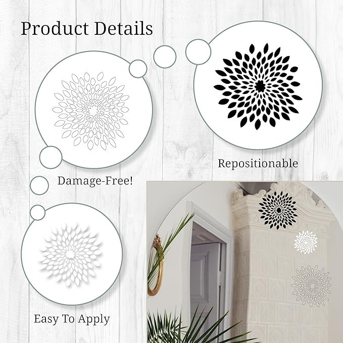 Black White Floral Mirror Wall Decals - Set of 7 Vinyl Flower Stickers Peel and Stick for Kids Teens Bedroom Living Room Office Bathroom Wall Decor