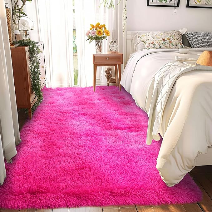 Fluffy Rug Runners 2x6, Super Soft Hot Pink Bedside Rug, Runner Rug for Bedroom Girls, Non-Slip Rug Hallway Decor