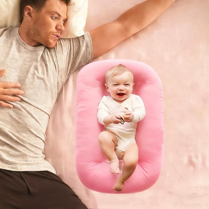 Baby Lounger 0-24 Months 100% Cotton-Snuggle Cozy Me Lounger,Soft & Breathable Tummy Time Mat for Newborn Infant Play Mat,Babies Essentials Gifts,Pink(Lounger Cover Included)