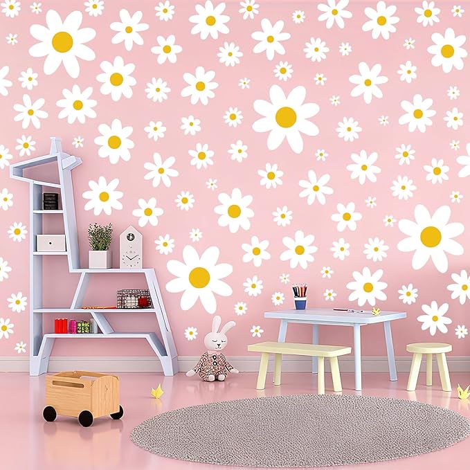 Daisy Wall Decal, 8 Sheets 96Pcs Daisy Flower Wall Stickers Peel and Stick White Flower Decals for Nursery Bedroom Home Wall Art Decorations