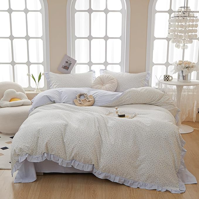 Garden Style Lace Duvet Cover Cute Blue Flower Print Ruffle Duvet Cover King Cotton Blue Striped Girls Floral Comforter Cover Lace Princess Bedding Set Vintage Floral Bedding Duvet Cover with Zipper