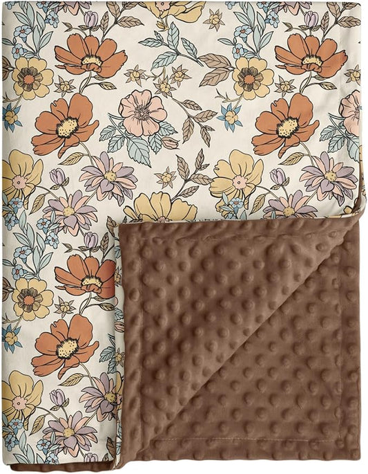 Baby Blanket for Girls, Soft Cozy Nursery Minky Blanket with Double Layer Dotted Backing for Infant Toddler in Crib Stroller, Floral Vintage Brown Blanket, 30x40 Inches