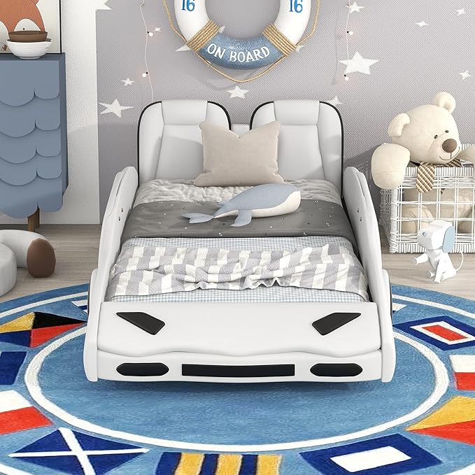 Twin Size Car-Shaped Platform Bed with Wheels,Automotive Design Bed Frame w/Rails and Slat Support for Kids Boys Girls Teens, Easy Installation, Gray