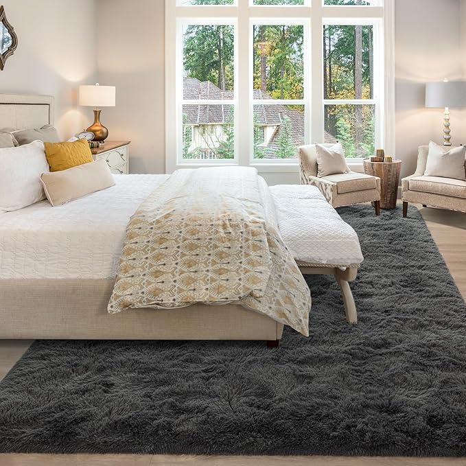 Merelax Soft Modern Indoor Large Shaggy Rug for Livingroom Bedroom Dorm Kids Room Home Decor, Non-Slip Plush Fluffy Furry Fur Area Rugs Comfy Nursery Accent Floor Carpet 9x12 Feet, Dark Grey