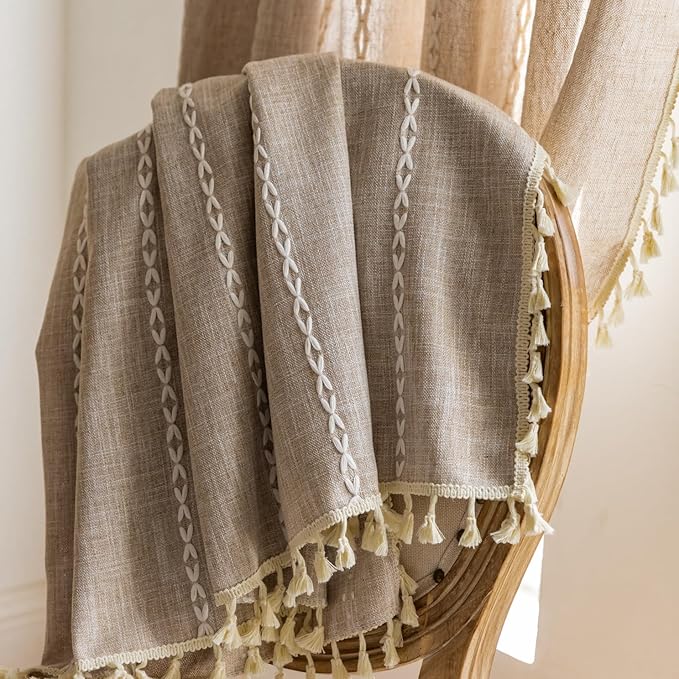Deeprove Natural Burlap Look Boho Curtains 90 inches Length for Living Room Bedroom Nursery, Vintage Chic Bohemian 90 inches Long Embroidery Farmhouse Tassel Window Treatments, W52 x L90, 1 Panel