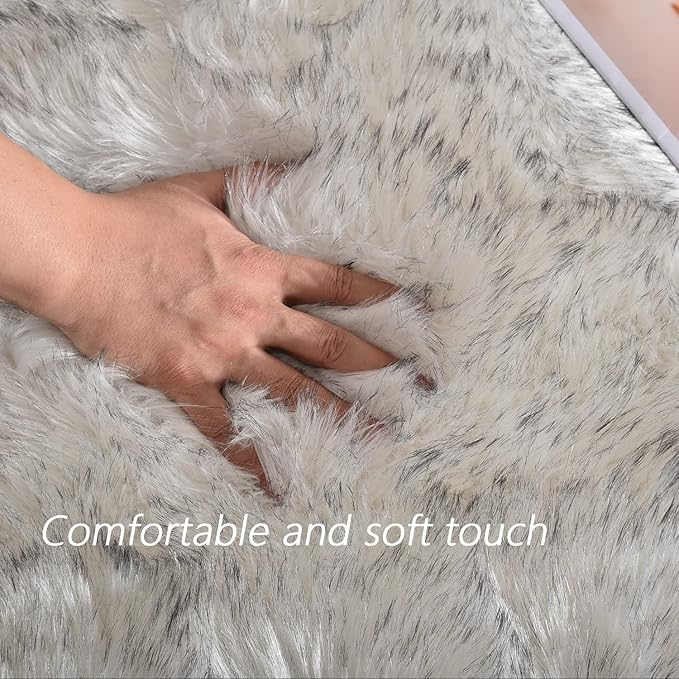 Latepis 10x14 White with Grey Tips Fur Rug for Living Room Faux Sheepskin Fluffy Shag Rug for Bedroom Fuzzy Rug Room Décor Entertainment Room, Rectangle