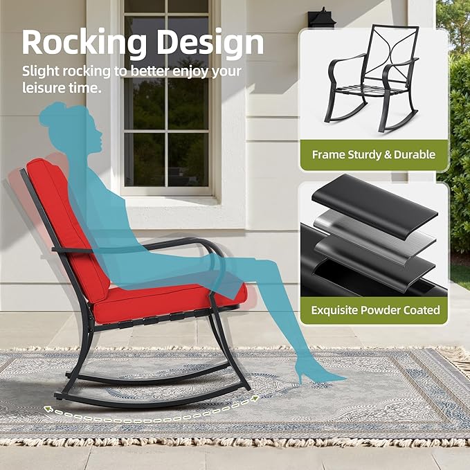 SUNCROWN Outdoor 3-Piece Rocking Chairs Patio Bistro Set Black Steel Furniture with Thickened Cushion and Glass-Top Coffee Table, Red