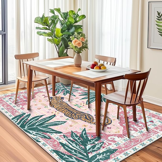 Washable Non-Slip 5x8 Pink Tiger Rug for Girls Room Bedroom Dining Room Boho Vintage Tropical Animal Print Jungle Rug Soft Cozy Cute Whimsical Woodland Carpet for Playroom Living Room