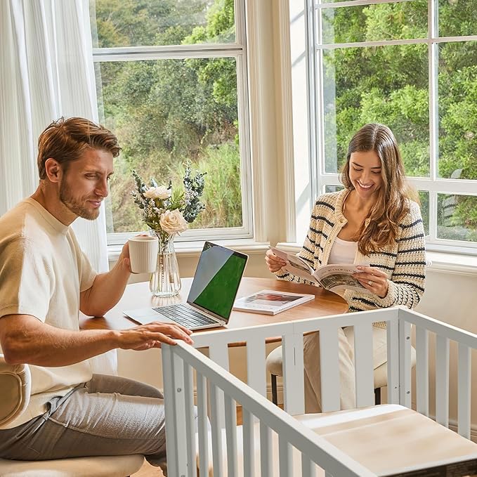 MAMAZING EvoNook 6-in-1 Convertible Mini Crib, 100% New Zealand Solid Wood, 4 Adjustable Mattress Heights, Crib with Mattress, GREENGUARD Gold Certified,White