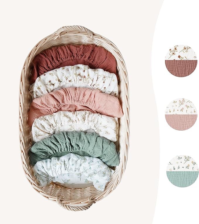 Konssy 2 Pack Muslin Fitted Bassinet Sheets for Baby Girl Boy, Soft Breathable Baby Bassinet Sheets Fit for Bassinets, Cradle, Moses Basket Oval Rectangle Pad/Mattress (Peach,Floral)