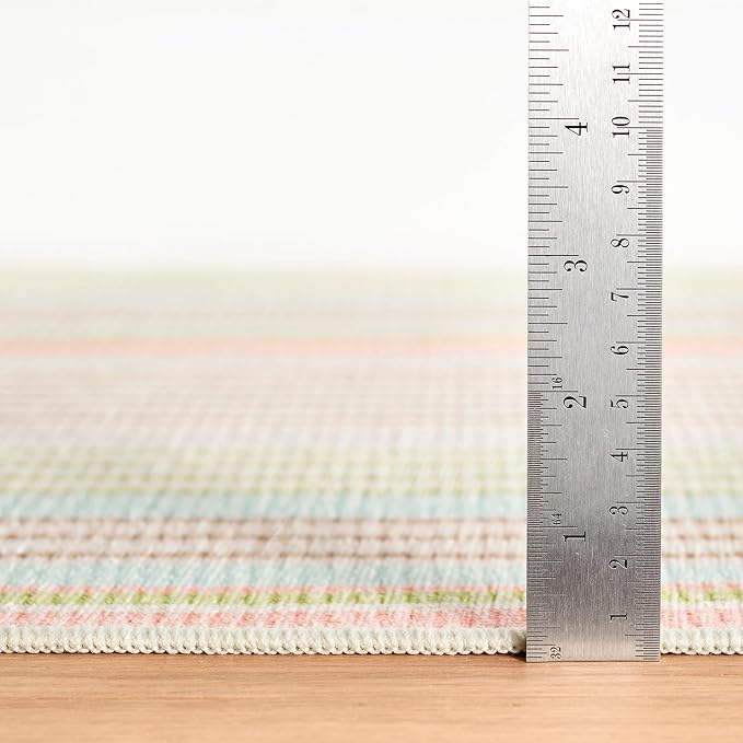 Dash & Albert Ana Ticking Aqua Machine Washable Rug, 8.5 X 11.5 Feet, Multicolored Stripe Pattern