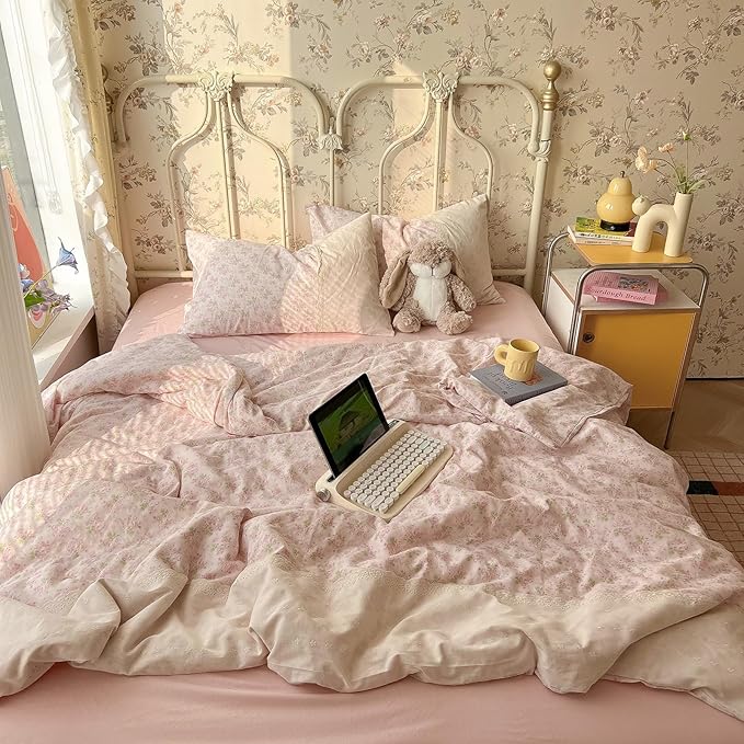 LifeTB Pink Floral Duvet Cover Queen Romantic Lace Bedding Set Garden Style Cottagecore Flower Duvet Cover with Zipper Closure Soft Washed Microfiber Botanical Comforter Cover for Teen Girls