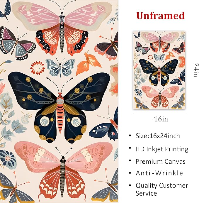 Vintage Butterflys Painting Watercolor Plant Poster Butterfly Botanical Wall Art Boho Butterfly Print Insect Canvas Wall Art Colorful Butterflys Painting Rustic Animal Pictures 16x24inch Frameless